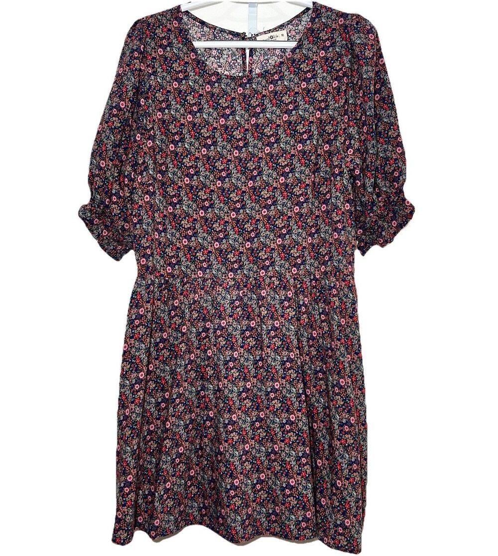 Natural Life Floral Rayon Dress Medium Navy Pink Boho Peasant 3/4 Sleeve Mini - Picture 2 of 8